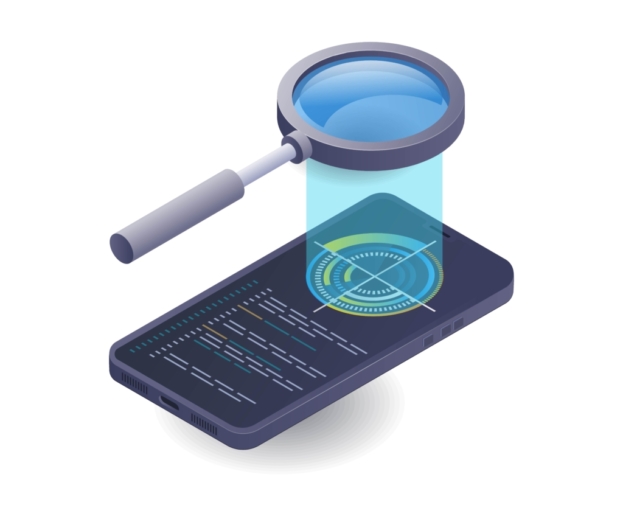 Smartphone technology search analysis, flat isometric 3D illustration